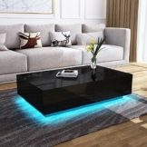 Couchtisch, Couchtisch mit Stauraum, schwarz glänzender Couchtisch mit LED-Leuchten, Couchtisch für Wohnzimmer, rechteckiger Mitteltisch mit 4 Schubladen, Heimbüromöbel - 1